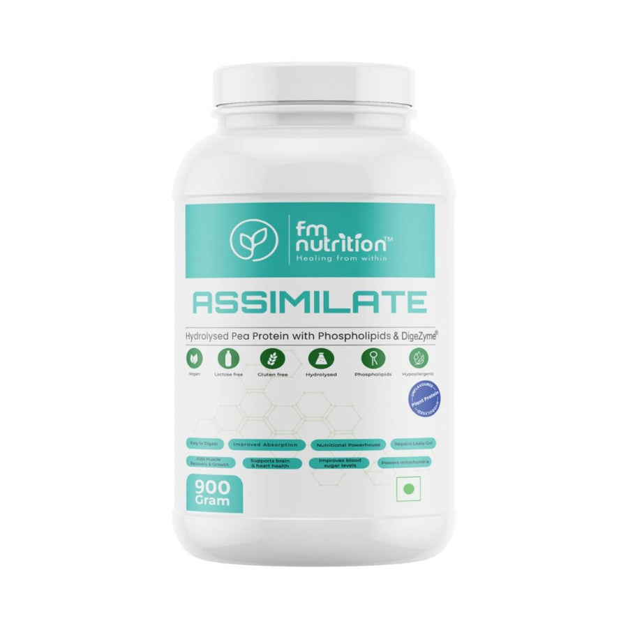 FM Nutrition Assimilate Vegan Protein, Hydrolysed Plant Protein, Unflavoured (900 Gm)